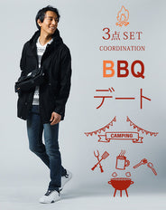 バーベキューデート服メンズ3点コーデセット 黒モッズコート×オルテガボーダー長袖Tシャツ×ネイビースリムストレッチデニムパンツ