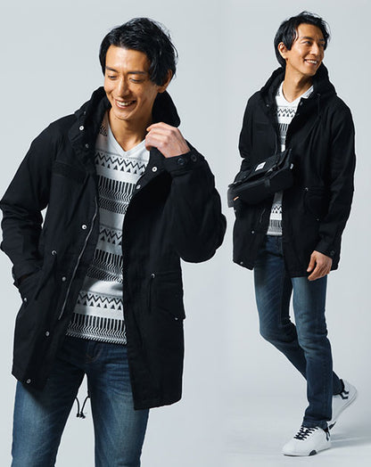 バーベキューデート服メンズ3点コーデセット 黒モッズコート×オルテガボーダー長袖Tシャツ×ネイビースリムストレッチデニムパンツ