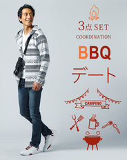 バーベキューデート服メンズ3点コーデセット 白オルテガボーダーフーディガン×白Vネック長袖Tシャツ×ネイビースリムストレッチデニムパンツ