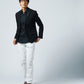 焼肉デート服メンズ3点コーデセット 黒テーラードジャケット×黒ホリゾンタル襟長袖シャツ×白ストレッチパンツ