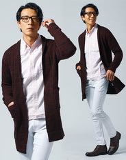 お花見デート服メンズ3点コーデセット ワインレッドロングカーディガン×ピンクオックスフォード長袖シャツ×白スキニーストレッチパンツ
