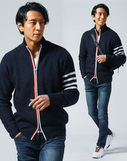 ドライブデート服メンズ3点コーデセット ネイビースタンドカラーニットアウター×白Vネック長袖Tシャツ×ストレッチテーパードデニムパンツ