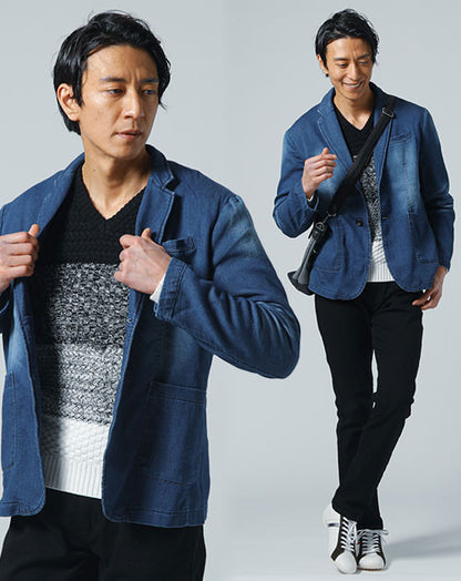 映画館デート服メンズ3点コーデセット ネイビーデニムテーラードジャケット×Vネックボーダーニット×黒スリムストレッチパンツ