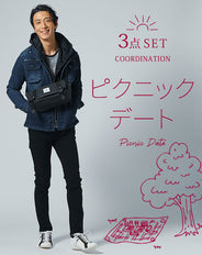 ピクニックデート服メンズ3点コーデセット フード付きデニムジャケット×グレーメッシュニット・長袖カットソー×黒スキニーストレッチパンツ