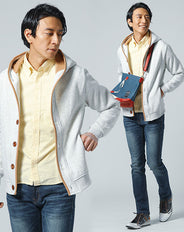 ピクニックデート服メンズ3点コーデセット オートミールパイピングパーカー×イエローオックスフォード長袖シャツ×ネイビーデニムストレッチパンツ