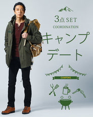 キャンプデート服メンズ3点コーデセット カーキモッズコート×ワインヘンリーネック長袖Tシャツ×黒スリムストレッチパンツ