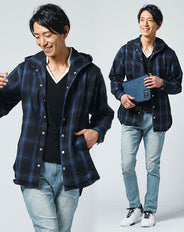 遊園地デート服メンズ3点コーデセット ネイビーチェックシャツパーカー×黒Vネック半袖Tシャツ×ブルーデニムパンツ