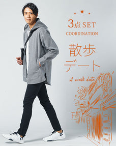 散歩デート服メンズ3点コーデセット ヒッコリーストライプシャツパーカー×白ヘンリーネック長袖Tシャツ×黒ストレッチスキニーパンツ