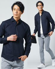 メンズ3点コーデセット ネイビースリムフィット長袖シャツ×白Vネック7分袖Tシャツ×グレースキニーストレッチパンツ