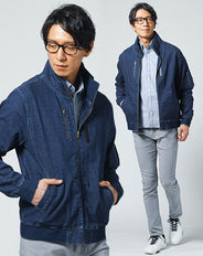 おうちデート服メンズ3点コーデセット ネイビーブルゾンデニムジャケット×ブルーオックスフォード長袖シャツ×グレースキニーストレッチパンツ