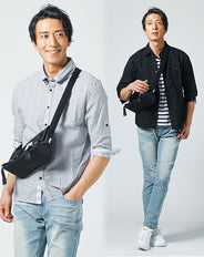 連休に着る服メンズ3点コーデセット  黒麻混7分袖シャツ・ボーダーTシャツアンサンブル×ストライプ7分袖シャツ×ブルー色落ちデニムパンツ