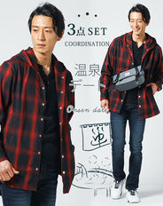 温泉デート服メンズ3点コーデセット 赤チェックセミロングシャツパーカー×黒ヘンリーネック長袖Tシャツ×ストレッチスリムデニムパンツ