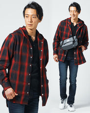 温泉デート服メンズ3点コーデセット 赤チェックセミロングシャツパーカー×黒ヘンリーネック長袖Tシャツ×ストレッチスリムデニムパンツ