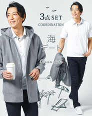 海デート服メンズ3点コーデセット ネイビーヒッコリーストライプシャツパーカー×白半袖ポロシャツ×ストレッチテーパードデニムパンツ