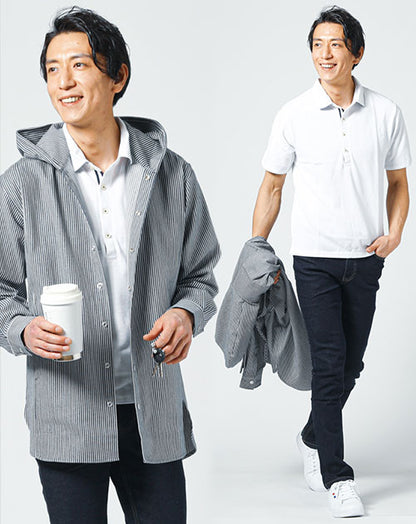 海デート服メンズ3点コーデセット ネイビーヒッコリーストライプシャツパーカー×白半袖ポロシャツ×ストレッチテーパードデニムパンツ
