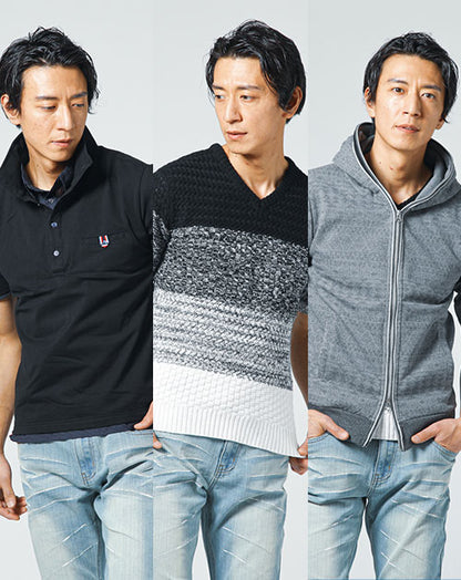 おしゃれ初め服メンズ3点トップスコーデセット 黒半袖ポロシャツ×ボーダー半袖サマーニット×グレー5分袖パーカー