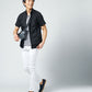 鎌倉デート服メンズ3点コーデセット ブルーリブ付き7分袖シャツ×黒麻混半袖シャツ・ボーダーTシャツ×白スキニーストレッチパンツ