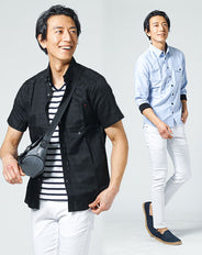 鎌倉デート服メンズ3点コーデセット ブルーリブ付き7分袖シャツ×黒麻混半袖シャツ・ボーダーTシャツ×白スキニーストレッチパンツ