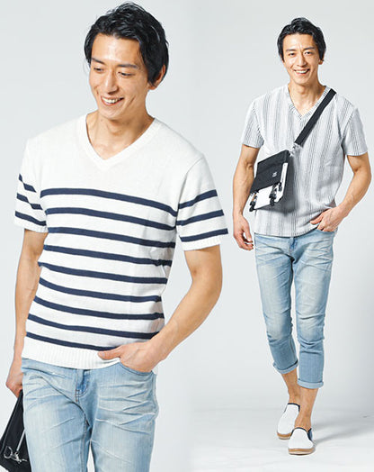 海遊び服メンズ3点コーデセット ボーダーVネック半袖サマーニット×Vネックストラップ半袖Tシャツ×色落ちクロップドデニムパンツ