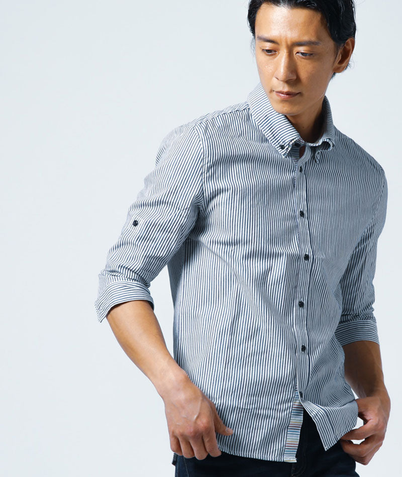 横浜デート服メンズ3点コーデセット ブルーストライプ7分袖シャツ×白ハーフジップスリムポロシャツ×ストレッチデニムパンツ