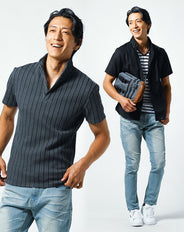 バーベキューデート服メンズ3点コーデセット 黒麻混半袖シャツ・ボーダーカットソー×グレースタンドカラーポロシャツ×ブルースリムデニムパンツ