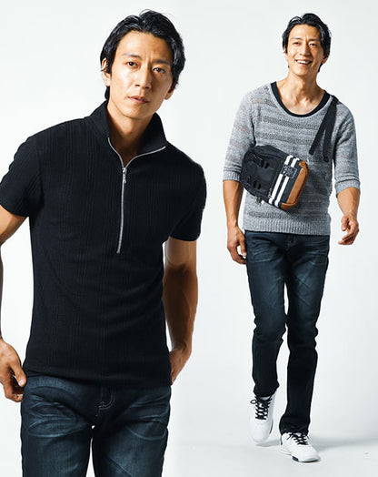 バーベキューデート服メンズ3点コーデセット グレーメッシュニット・タンクトップ×黒スタンドカラーポロシャツ×ネイビーストレッチスリムデニムパンツ