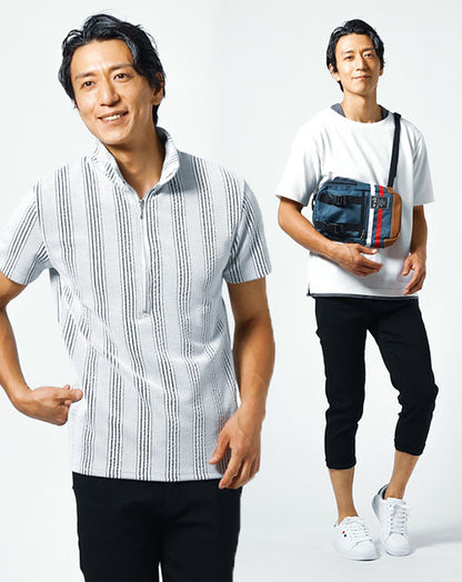 夏祭り・花火大会に行く服メンズ3点コーデセット 白クルーネックTシャツ×白スタンドカラーポロシャツ×黒クロップドパンツ