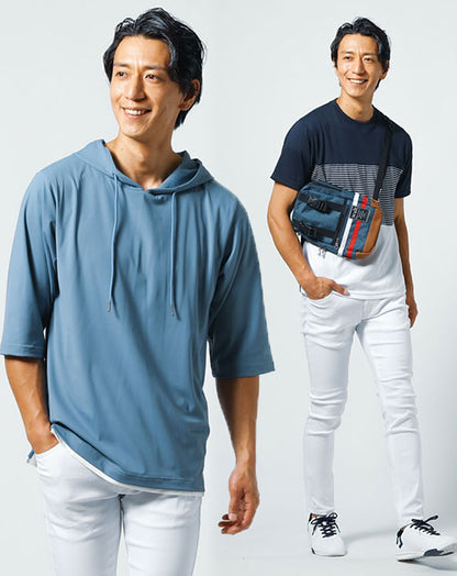 社内恋愛デート服メンズ3点コーデセット ネイビーボーダー半袖Tシャツ×ブルー7分袖サマーパーカー×白ストレッチスリムパンツ