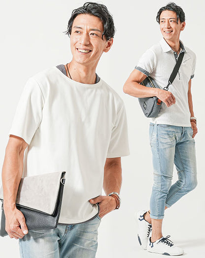 カジュアルデート服3点セット　白ポロシャツ×白半袖Tシャツ×ブルーデニムクロップドパンツ