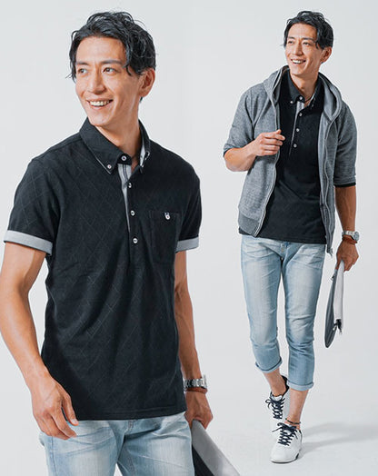 公園ピクニックデート服3点セット　グレーパーカー×黒ポロシャツ×ブルーデニムクロップドパンツ