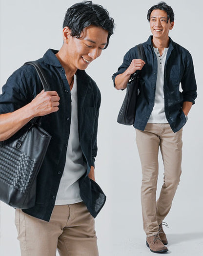 マッチングアプリ婚活初対面デート服メンズ3点コーデセット ネイビースリムフィット7分袖シャツ×白ヘンリーネック7分袖Tシャツ×ベージュスキニーストレッチパンツ
