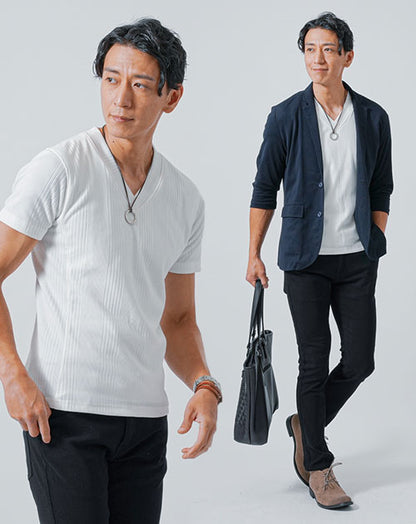 婚活・恋活パーティコーデメンズ3点コーデセット ネイビーテーラードジャケット×白VネックTシャツ×黒スキニーストレッチパンツ