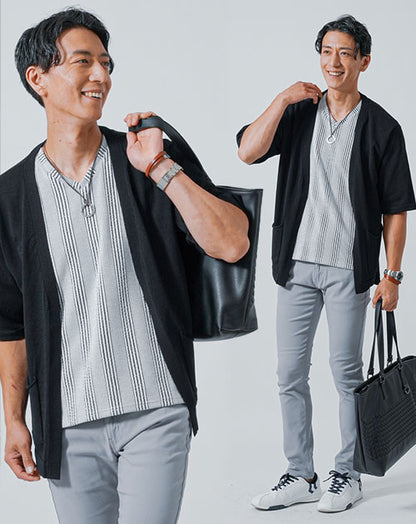 マッチングアプリ婚活初対面デート服メンズ3点コーデセット 黒サマーニットカーディガン×白Vネック7 Tシャツ×グレースキニーストレッチパンツ