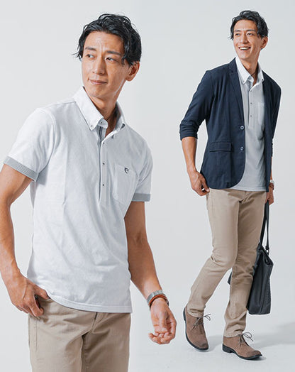 婚活・恋活パーティコーデメンズ3点コーデセット ネイビーサマーテーラードジャケット×白ポロシャツ×ベージュストレッチチノパンツ