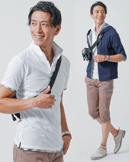 海デート服メンズ3点コーデセット ネイビー7分袖パーカー×白半袖ポロシャツ×ベージュクロップドチノパンツ