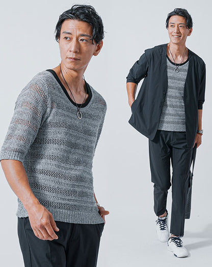 夜デート服メンズ3点コーデセット 黒ノーカラージャケット×グレーサマーニット×黒アンクルパンツ