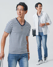 食事デート服メンズ3点コーデセット 白綿麻7分袖シャツ×ボーダー半袖VネックTシャツ×スリムフィットブルーデニムパンツ