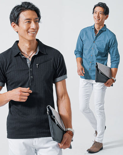 食事デート服メンズ3点コーデセット ブルー綿麻7分袖シャツ×黒半袖ポロシャツ×白ストレッチチノパンツ