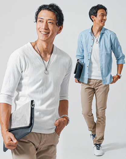 マッチングアプリ婚活初対面デート服メンズ3点コーデセット サックス綿麻7分袖シャツ×白Vネック7分袖Tシャツ×ベージュスキニーストレッチパンツ
