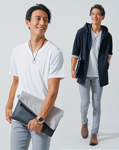食事デート服メンズ3点コーデセット ネイビー7分袖シャツパーカー×白半袖Tシャツ×スリムグレーチノパンツ