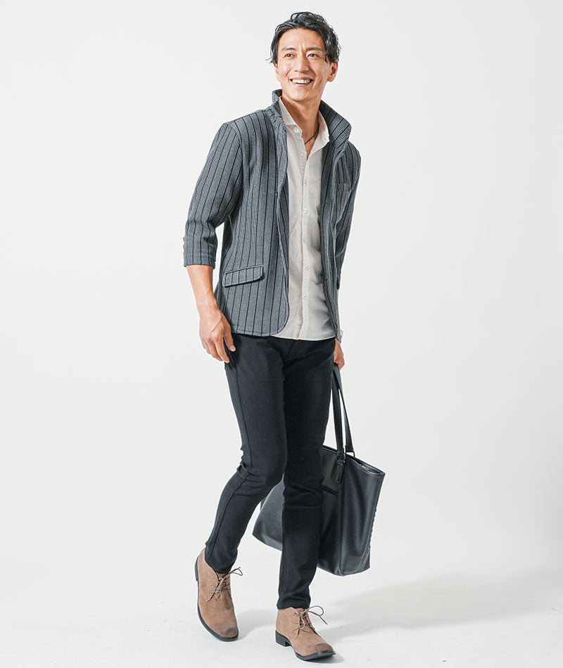 マッチングアプリ婚活初対面デート服メンズ3点コーデセット グレー7分袖ジャケット×白綿麻7分袖シャツ×黒スリムチノパンツ