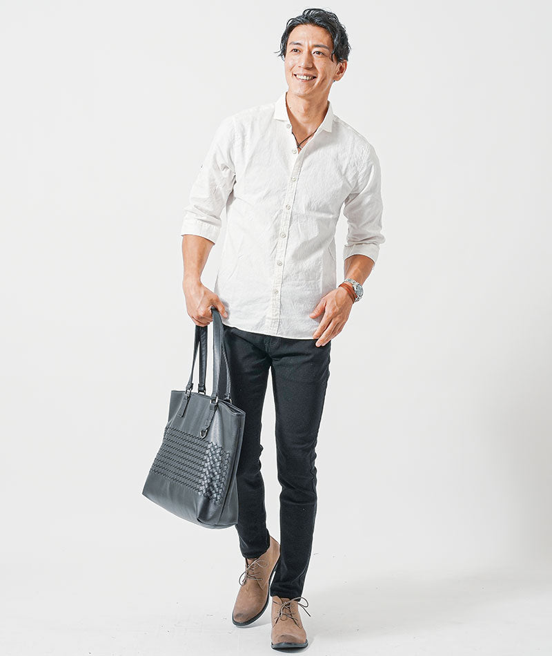 マッチングアプリ婚活初対面デート服メンズ3点コーデセット グレー7分袖ジャケット×白綿麻7分袖シャツ×黒スリムチノパンツ