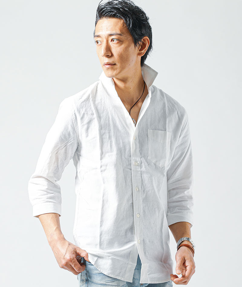 マッチングアプリ婚活初対面デート服メンズ3点コーデセット グレー7分袖ジャケット×白綿麻7分袖シャツ×黒スリムチノパンツ