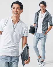 カジュアルデート服3点セット グレー5分袖パーカー×白半袖Tシャツ×ブリーチアンクルデニムパンツ