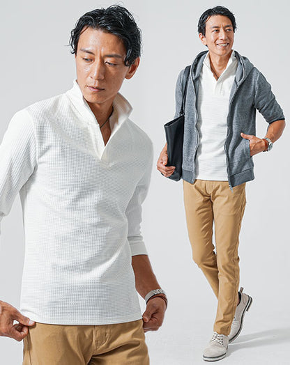 カフェデート服メンズ3点コーデセット グレー5分袖パーカー×白7分袖ポロシャツ×ベージュスリムチノパンツ