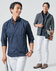 食事デート服メンズ3点コーデセット グレー7分袖ジャケット×ネイビー7分袖ブロードシャツ×白スリムチノパンツ