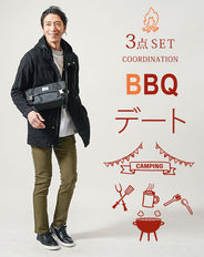 バーベキュー・キャンプデート服メンズ3点コーデセット 黒モッズコート×グレー長袖Tシャツ×カーキスリムチノパンツ