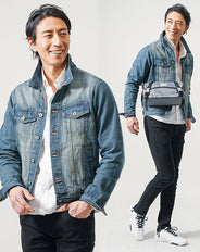 お花見デート服メンズ3点コーデセット ネイビーデニムジャケット×白オックスフォード長袖シャツ×黒スキニーストレッチチノパンツ