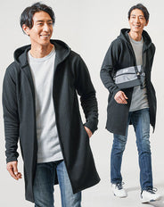 散歩デート服メンズ3点コーデセット 黒長袖ロングパーカー×グレー長袖サーマルTシャツ×インディゴテーパードデニムパンツ