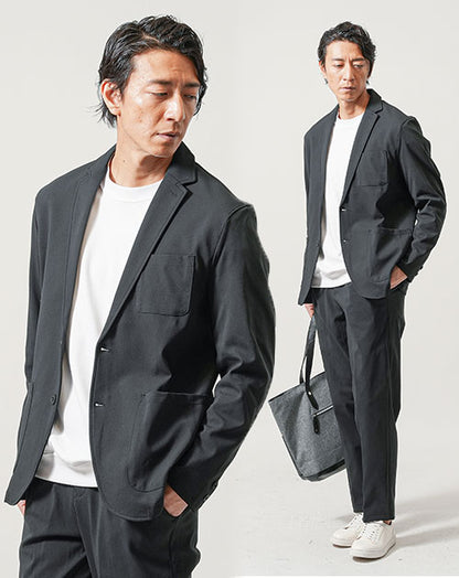 食事デート服メンズ3点コーデセット 黒長袖テーラードジャケット×白Vネックスリム長袖Tシャツ×黒スリムテーパードイージパンツ